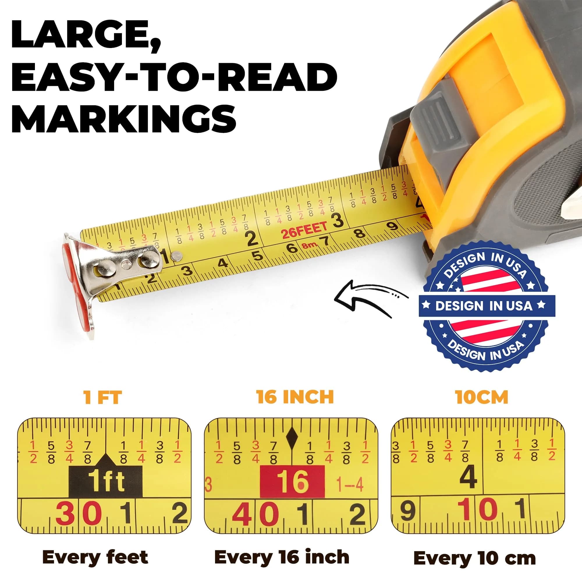 MULWARK Yellow-Grey 26 ft Retractable Tape Measure with Magnetic Hook & Shockproof Case - view 3