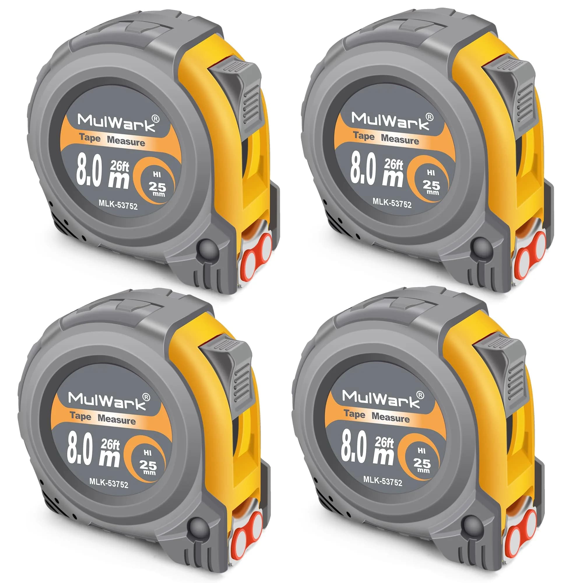 MULWARK 7.9m (26ft) Retractable Tape Measure with Magnetic Hook & Shockproof Case | Dual Scale for Construction & Woodworking — Yellow-Grey / 26 ft