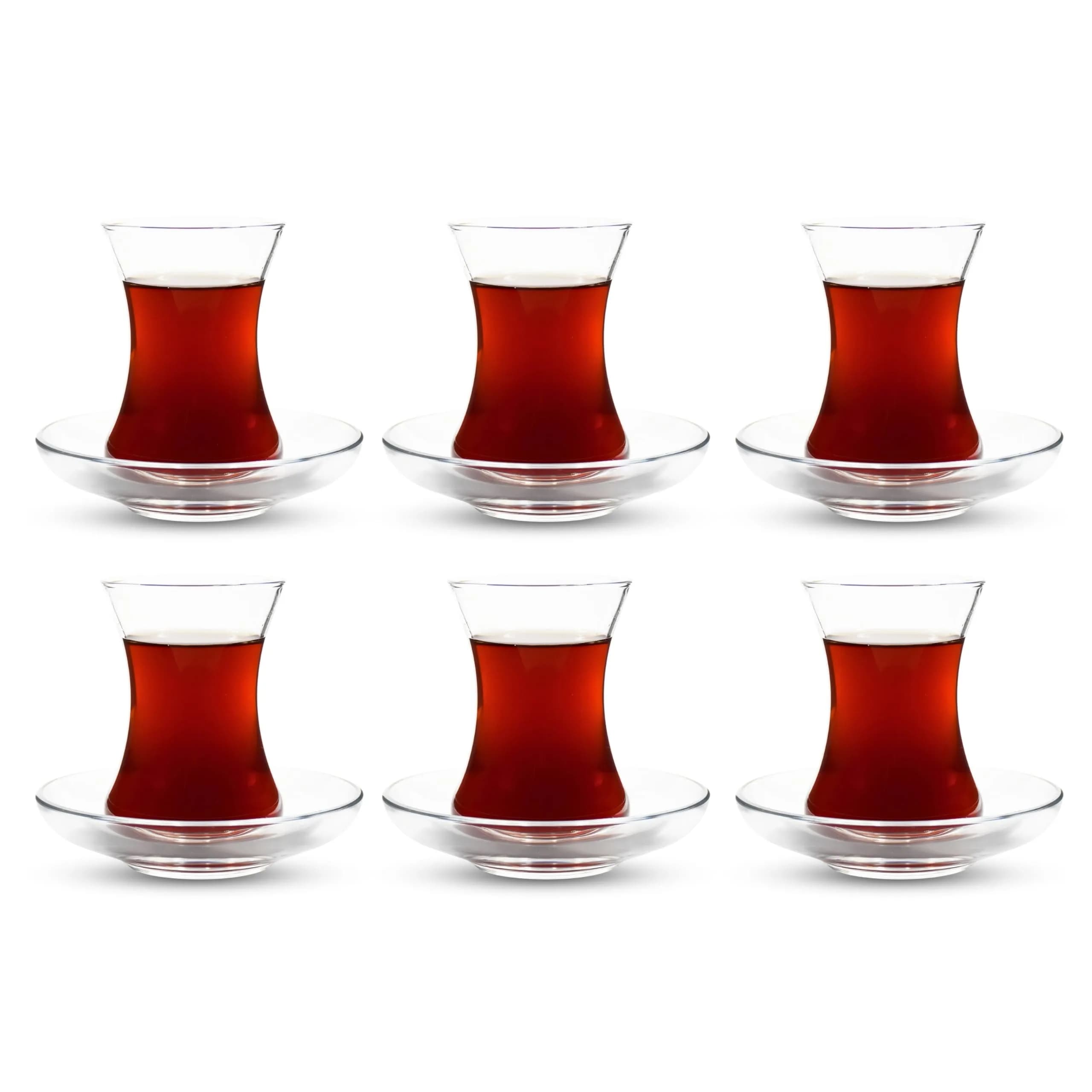 ums Turkish Tea Glass Set - 6 Glasses & Saucers | Elegant Tulip Shape for Hot Drinks