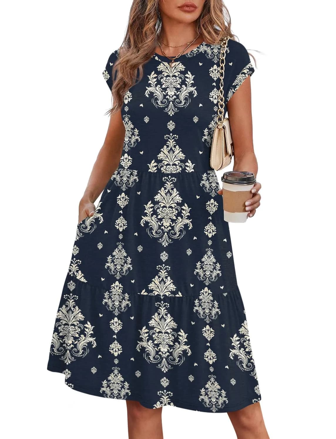 WIHOLL Casual Dresses for Women Beach Vacation Clothes Cap Sleeve Black Dress | Flattering Knee-Length Summer Dress — 02 - Navy Damask