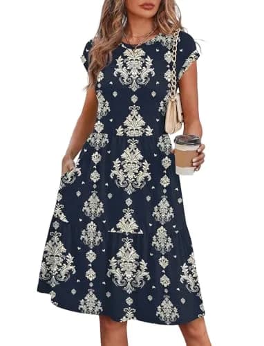 WIHOLL Casual Dresses for Women Beach Vacation Clothes Cap Sleeve Black Dress | Flattering Knee-Length Summer Dress thumbnail 1