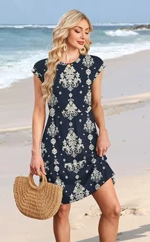 WIHOLL Casual Dresses for Women Beach Vacation Clothes Cap Sleeve Black Dress | Flattering Knee-Length Summer Dress thumbnail 3