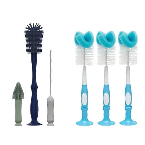 Dr. Brown's Silicone Cleaning Brush Set with Bottle, Spout, and Straw Brush, 3-Pack + Baby Bottle Sponge Brush, Blue, 3-Pack | Safe Silicone & Easy to Clean thumbnail 1
