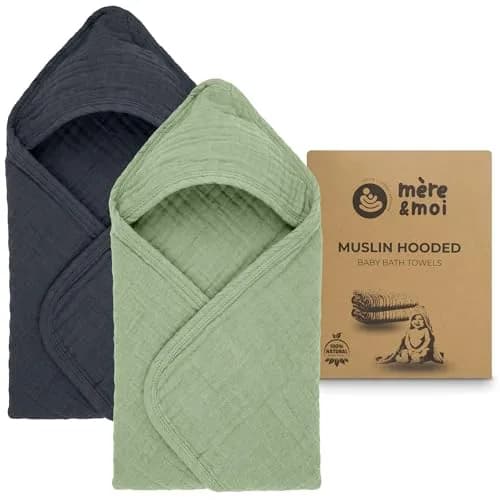 Mère & Moi 2 Pack Muslin Hooded Baby Bath Towel - Soft Cotton Green & Charcoal | Ultra-Absorbent & Quick-Drying thumbnail 1