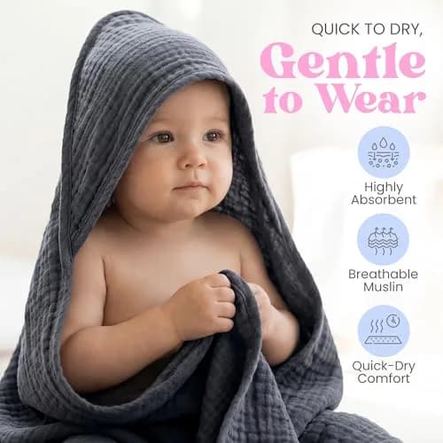 Mère & Moi 2 Pack Muslin Hooded Baby Bath Towel - Soft Cotton Green & Charcoal | Ultra-Absorbent & Quick-Drying thumbnail 4