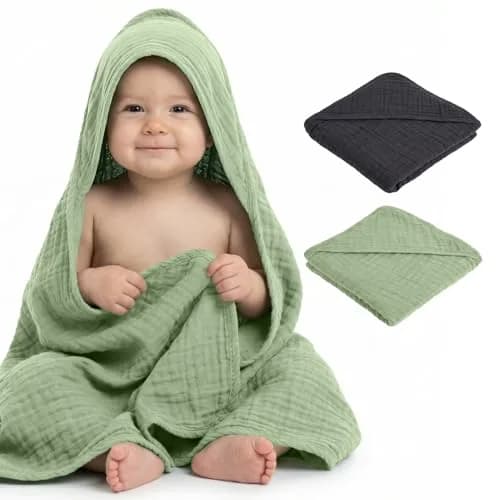 Mère & Moi 2 Pack Muslin Hooded Baby Bath Towel - Soft Cotton Green & Charcoal | Ultra-Absorbent & Quick-Drying thumbnail 8