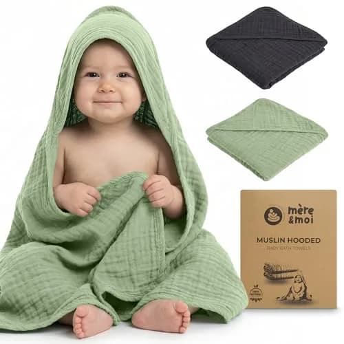 Mère & Moi 2 Pack Muslin Hooded Baby Bath Towel - Soft Cotton Green & Charcoal | Ultra-Absorbent & Quick-Drying thumbnail 2