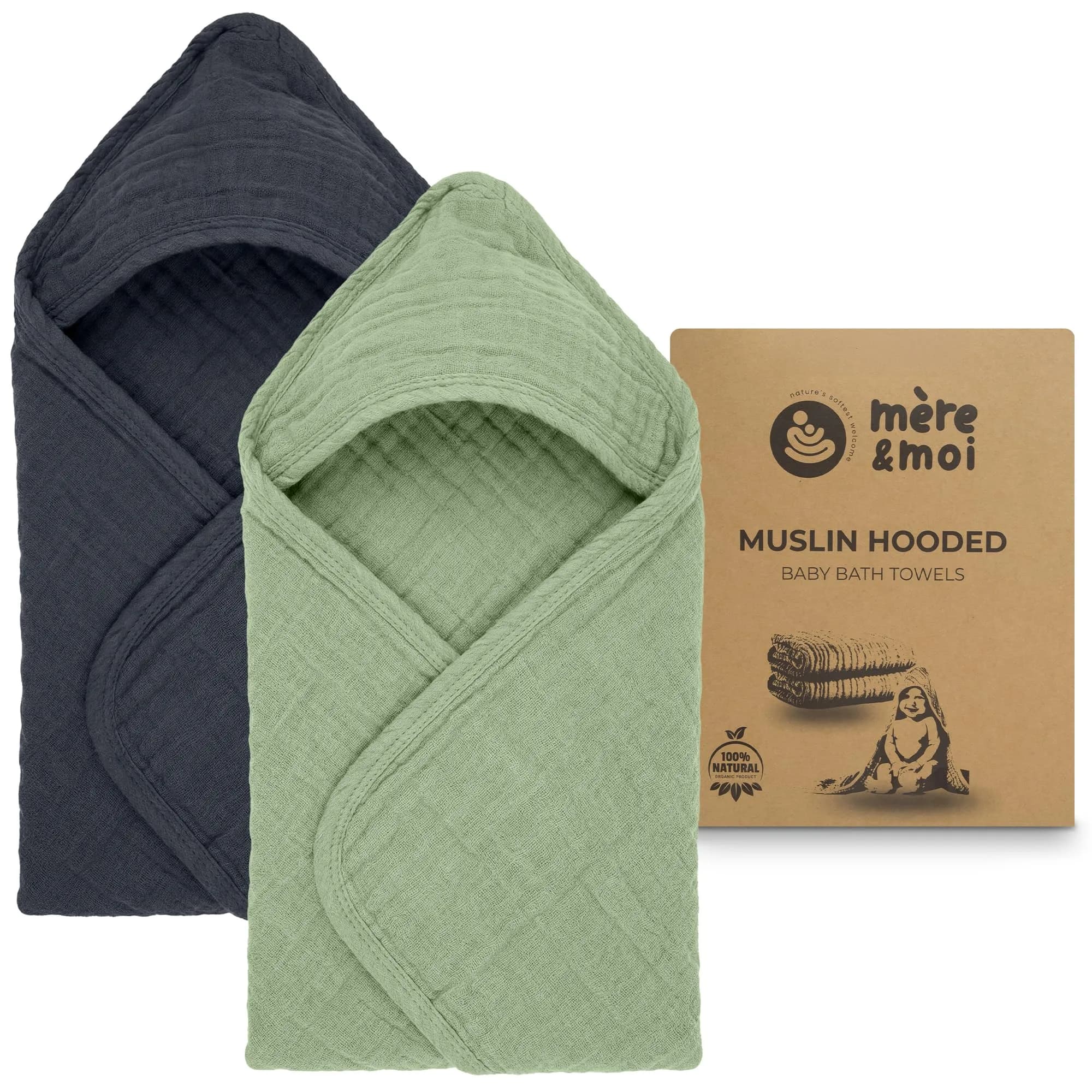Mère & Moi 2 Pack Muslin Hooded Baby Bath Towel - Soft Cotton Green & Charcoal | Ultra-Absorbent & Quick-Drying - main product image