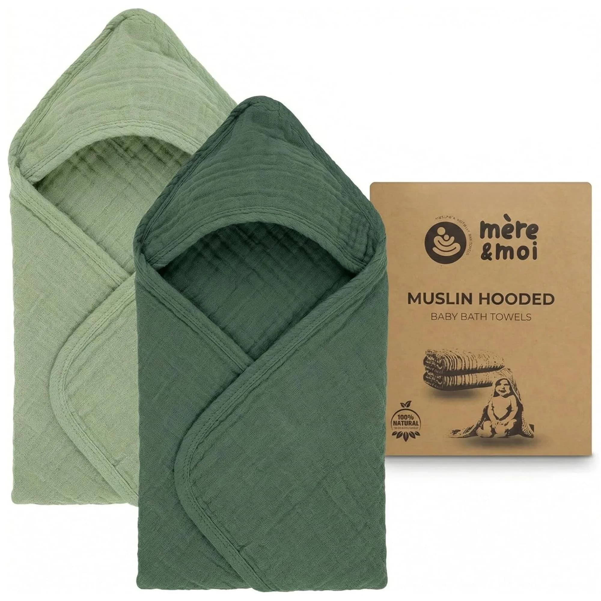 Mère & Moi 2X Muslin Hooded Baby Bath Towels - 30 in Cotton - Green | Ultra Soft & Absorbent for Newborns & Toddlers — Light Green and Dark Green