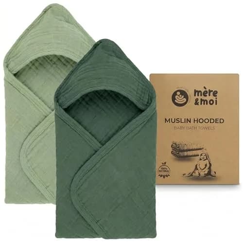 Mère & Moi 2X Muslin Hooded Baby Bath Towels - 30 in Cotton - Green | Ultra Soft & Absorbent for Newborns & Toddlers thumbnail 1
