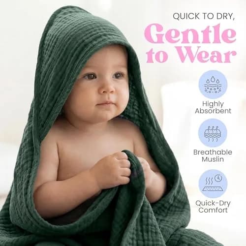 Mère & Moi 2X Muslin Hooded Baby Bath Towels - 30 in Cotton - Green | Ultra Soft & Absorbent for Newborns & Toddlers thumbnail 4