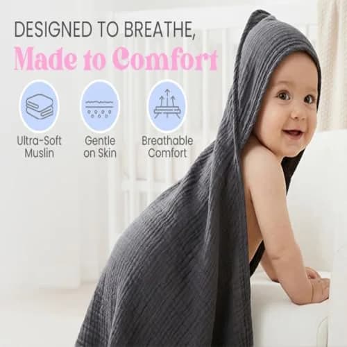 Mère & Moi 2X Muslin Hooded Baby Bath Towels - 30 in Cotton - Green | Ultra Soft & Absorbent for Newborns & Toddlers thumbnail 9