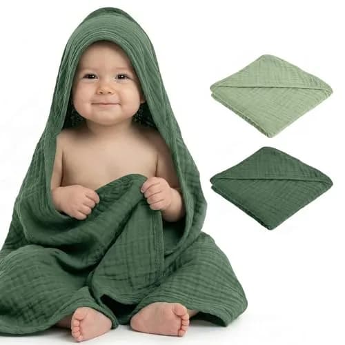 Mère & Moi 2X Muslin Hooded Baby Bath Towels - 30 in Cotton - Green | Ultra Soft & Absorbent for Newborns & Toddlers thumbnail 2
