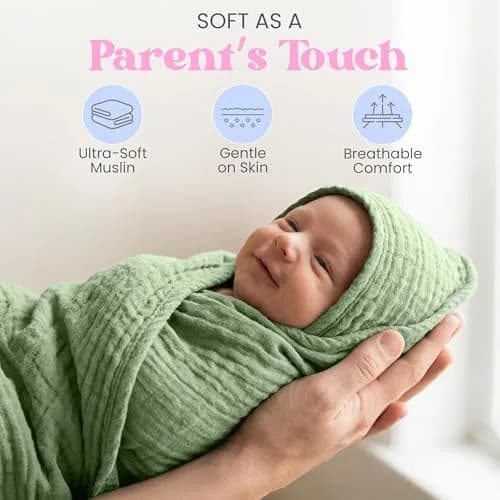 Mère & Moi 2X Muslin Hooded Baby Bath Towels - 30 in Cotton - Green | Ultra Soft & Absorbent for Newborns & Toddlers thumbnail 3
