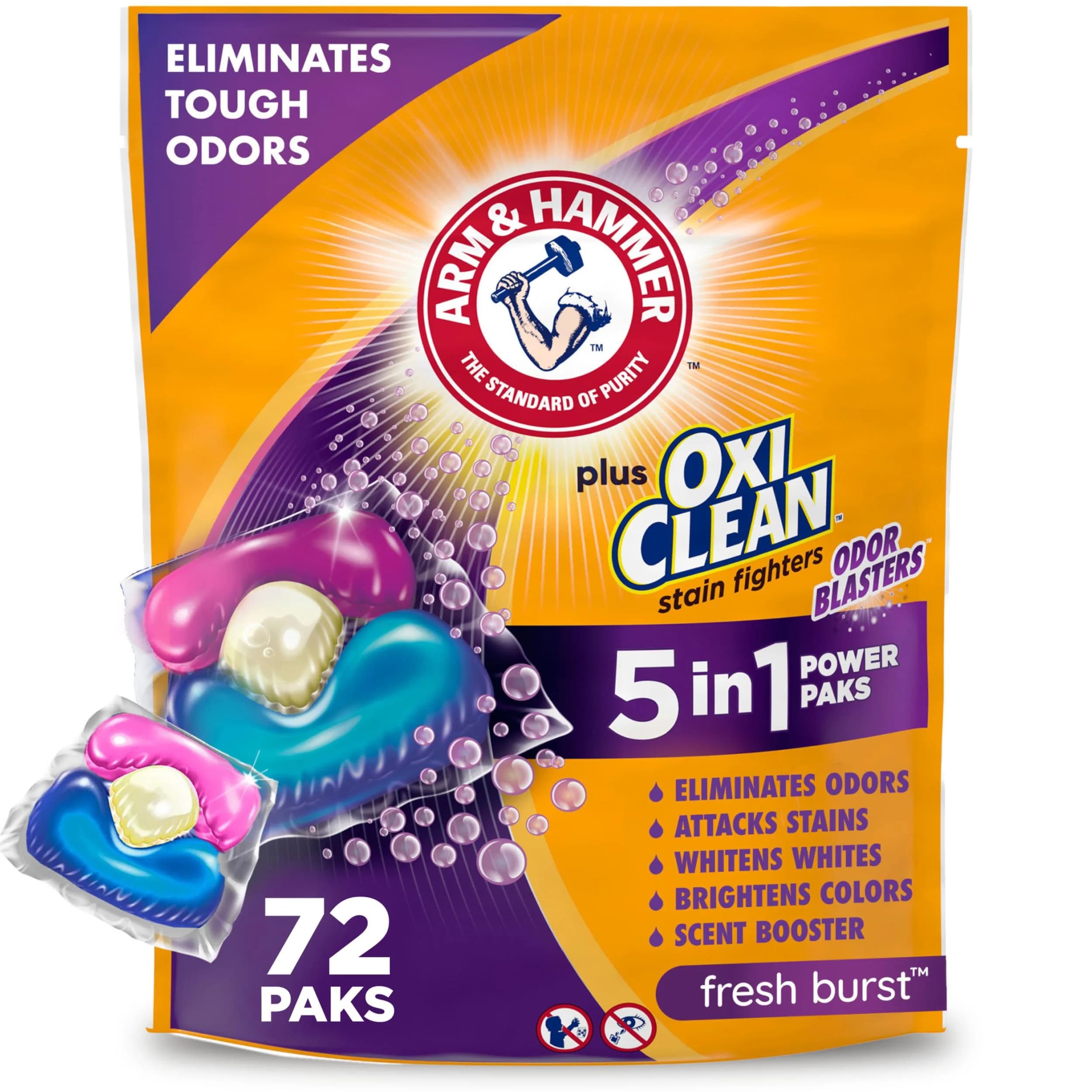 ARM & HAMMER Plus OxiClean With Odor Blasters Laundry Detergent Paks, 72 Ct | 5-in-1 Cleaning Power — Pac