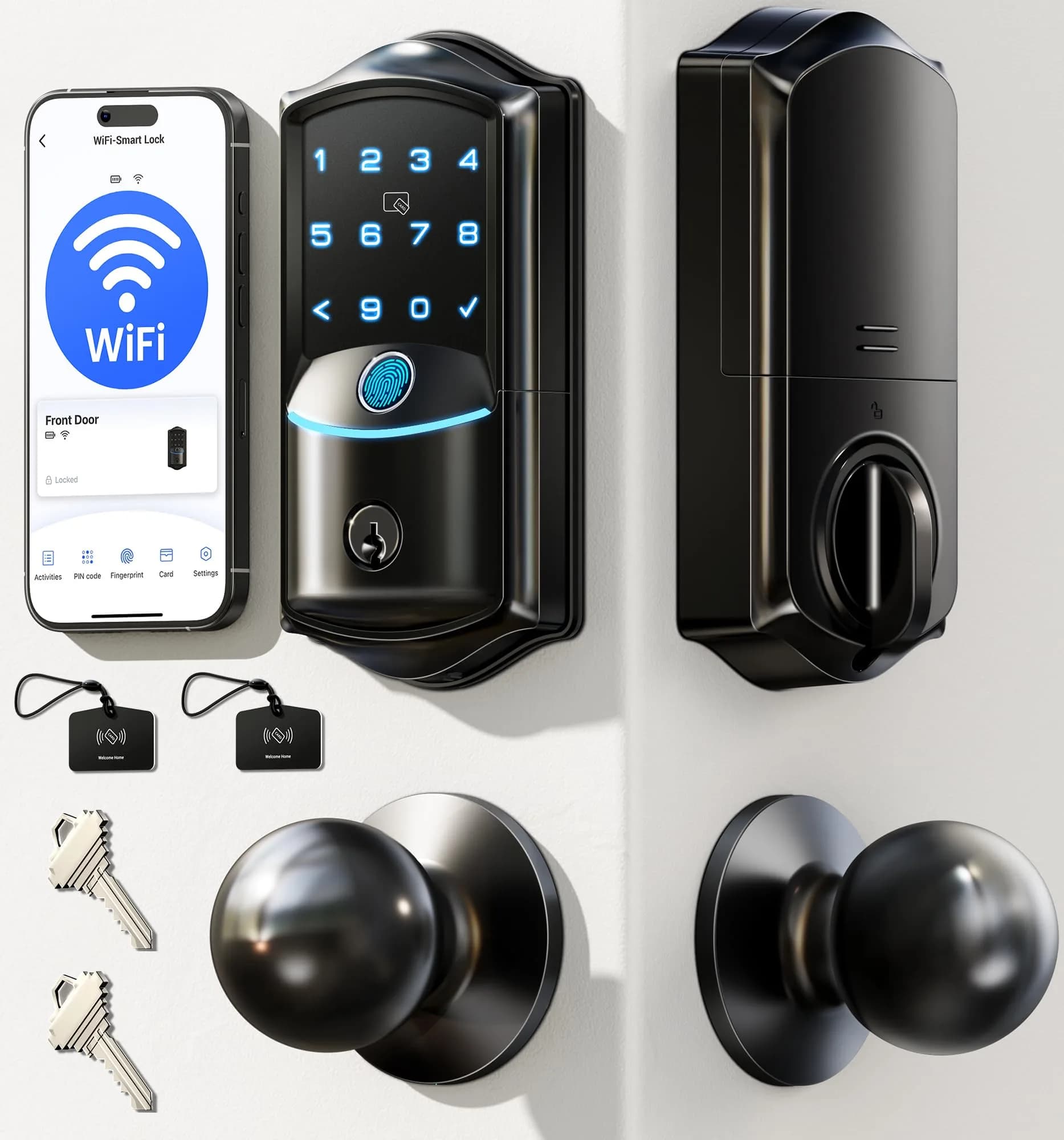Veise VE027-K WiFi Smart Deadbolt Lock Set with 2 Knobs, Satin Nickel | Remote Access & Fingerprint Entry — Matte Black