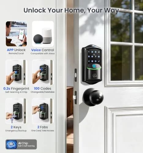 Veise VE027-K WiFi Smart Deadbolt Lock Set with 2 Knobs, Matte Black | Remote Control & Fingerprint Access thumbnail 2
