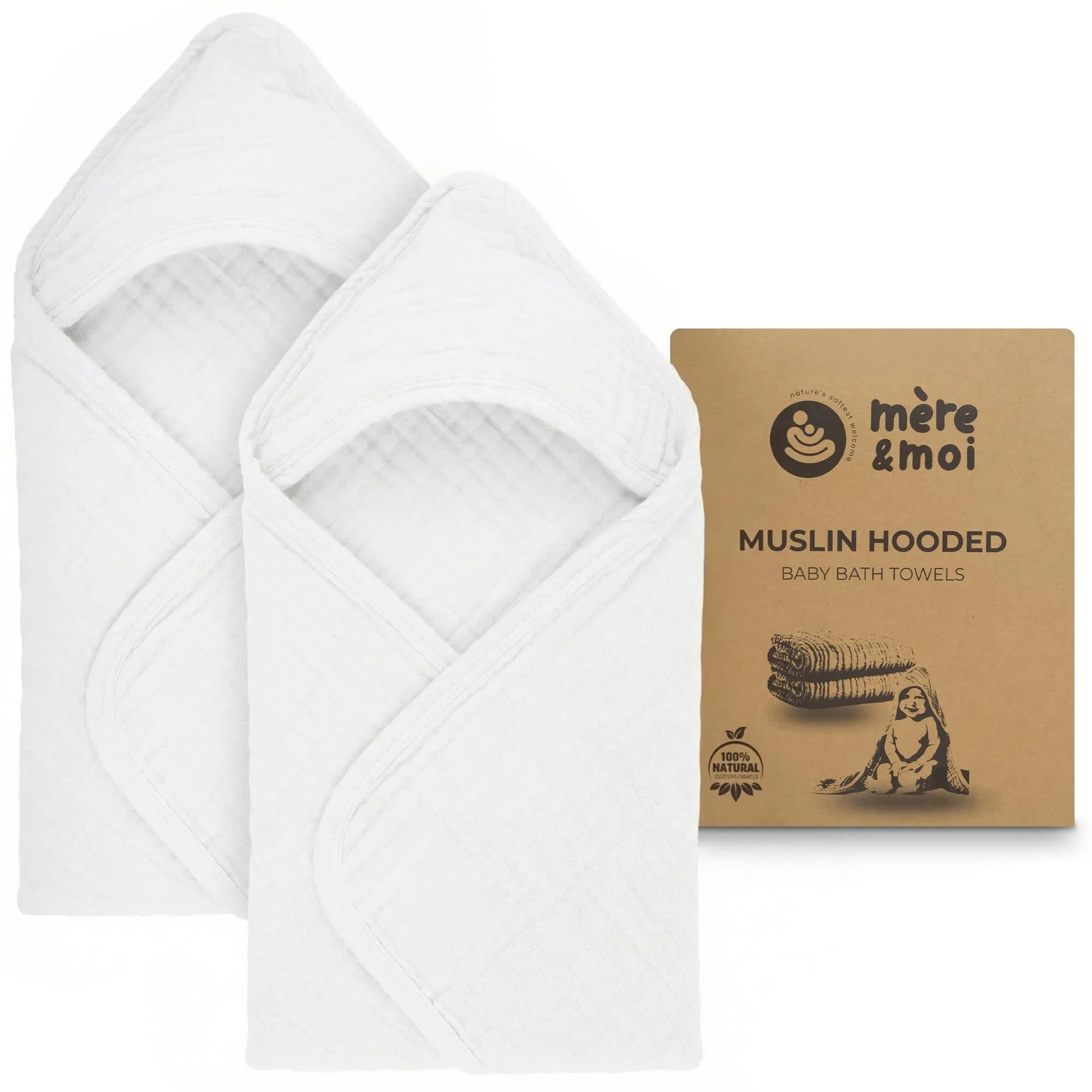 Mère & Moi 2X Muslin Hooded Baby Bath Towel - White, 76 cm (30 in), Cotton | Ultra-Soft, Quick-Dry Baby Towel
