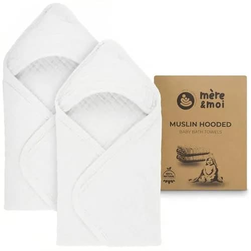 Mère & Moi 2X Muslin Hooded Baby Bath Towel - White, 76 cm (30 in), Cotton | Ultra-Soft, Quick-Dry Baby Towel thumbnail 1