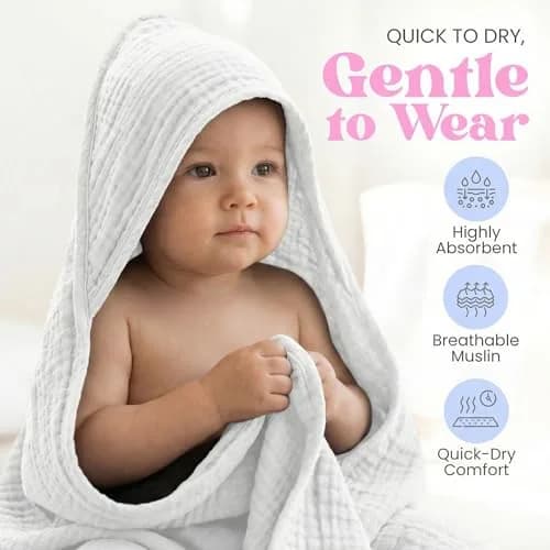 Mère & Moi 2X Muslin Hooded Baby Bath Towel - White, 76 cm (30 in), Cotton | Ultra-Soft, Quick-Dry Baby Towel thumbnail 4