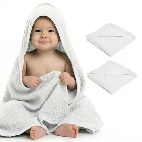 Mère & Moi 2X Muslin Hooded Baby Bath Towel - White, 76 cm (30 in), Cotton | Ultra-Soft, Quick-Dry Baby Towel thumbnail 8