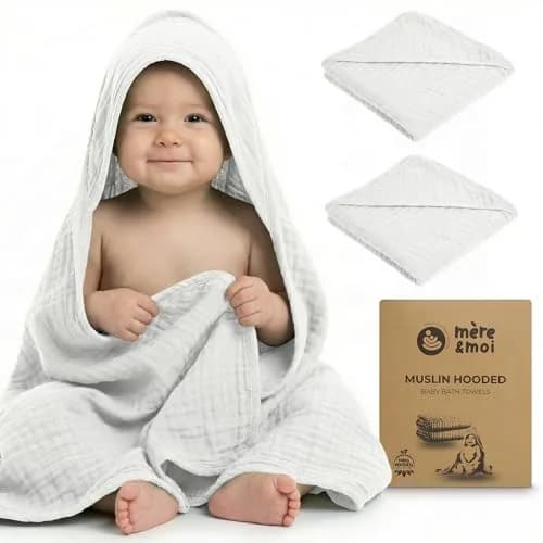 Mère & Moi 2X Muslin Hooded Baby Bath Towel - White, 76 cm (30 in), Cotton | Ultra-Soft, Quick-Dry Baby Towel thumbnail 2