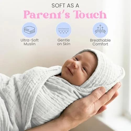 Mère & Moi 2X Muslin Hooded Baby Bath Towel - White, 76 cm (30 in), Cotton | Ultra-Soft, Quick-Dry Baby Towel thumbnail 3
