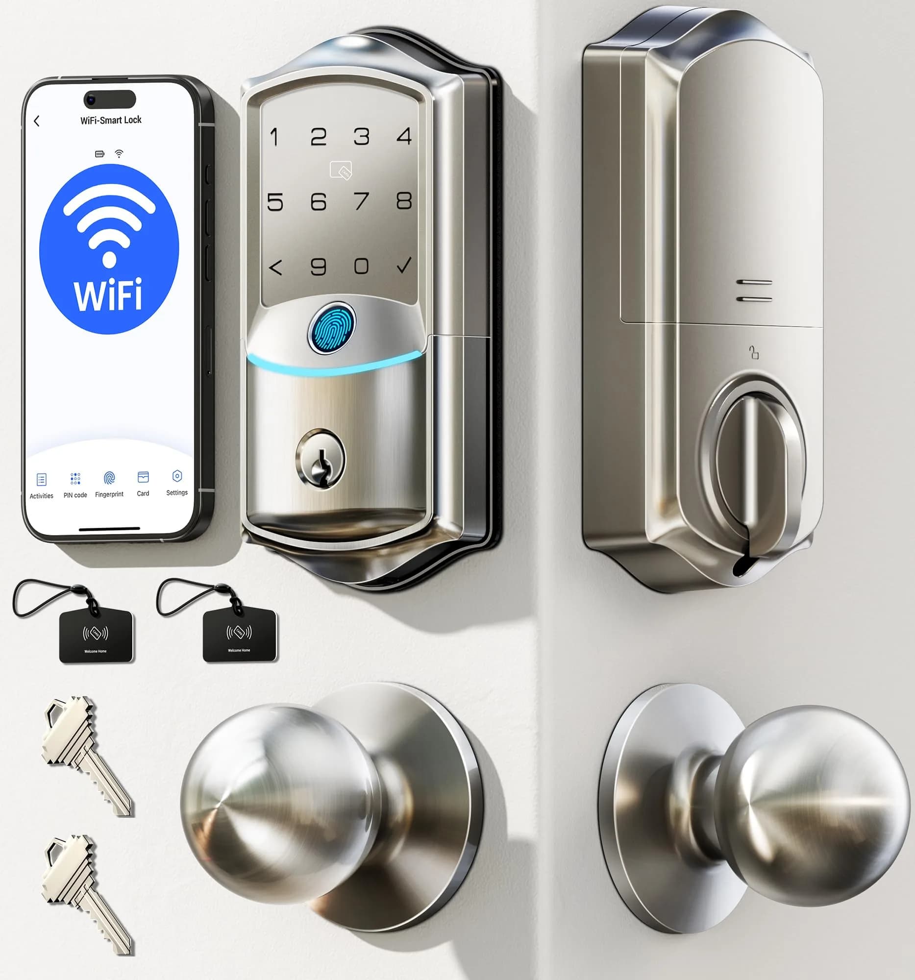 Veise VE027-K WiFi Smart Deadbolt Lock Set with 2 Knobs, Satin Nickel | Remote Access & Fingerprint Entry - main product image