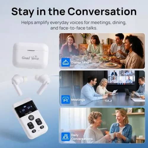 OKB Hearing GV-SA0360 OTC In-Ear Hearing Aid, True-Wireless with Pocket Controller Ear-Extension for TV & Meetings, Dual-Mode Noise Reduction, Charging Case, Bluetooth 5.2, Adults 18+ (Polar White) thumbnail 5