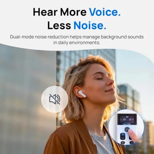 OKB Hearing GV-SA0360 OTC In-Ear Hearing Aid, True-Wireless with Pocket Controller Ear-Extension for TV & Meetings, Dual-Mode Noise Reduction, Charging Case, Bluetooth 5.2, Adults 18+ (Polar White) thumbnail 6