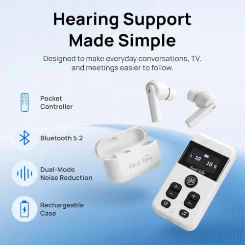OKB Hearing GV-SA0360 OTC In-Ear Hearing Aid, True-Wireless with Pocket Controller Ear-Extension for TV & Meetings, Dual-Mode Noise Reduction, Charging Case, Bluetooth 5.2, Adults 18+ (Polar White) thumbnail 2
