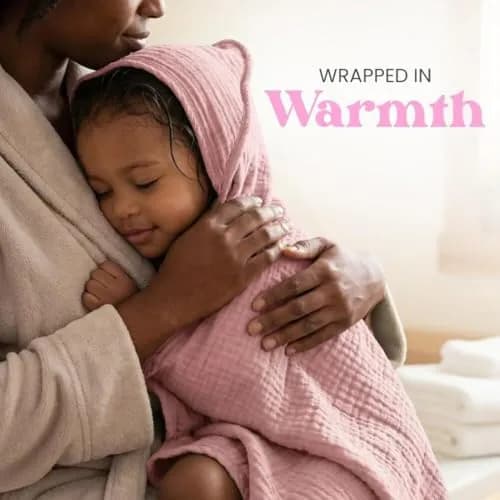 Mère & Moi 2 Pack Muslin Hooded Baby Bath Towels | Ultra-Soft Cotton, Quick-Dry, Breathable (30x30 in) thumbnail 5