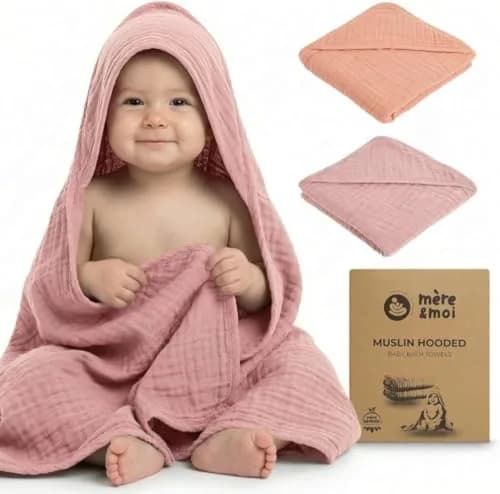 Mère & Moi 2 Pack Muslin Hooded Baby Bath Towels | Ultra-Soft Cotton, Quick-Dry, Breathable (30x30 in) thumbnail 6