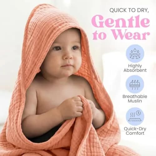 Mère & Moi 2 Pack Muslin Hooded Baby Bath Towels | Ultra-Soft Cotton, Quick-Dry, Breathable (30x30 in) thumbnail 7