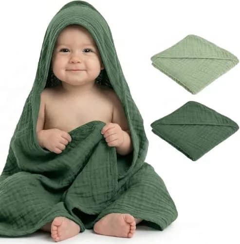 Mère & Moi 2 Pack Muslin Hooded Baby Bath Towels | Ultra-Soft Cotton, Quick-Dry, Breathable (30x30 in) thumbnail 8
