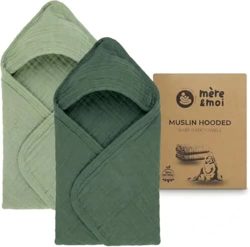 Mère & Moi 2 Pack Muslin Hooded Baby Bath Towels | Ultra-Soft Cotton, Quick-Dry, Breathable (30x30 in) thumbnail 9