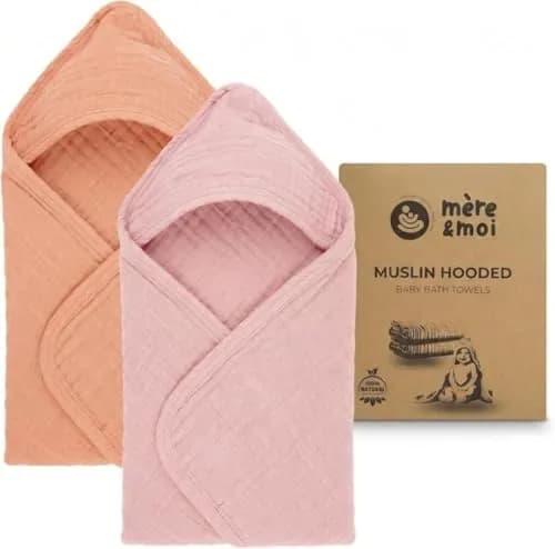 Mère & Moi 2 Pack Muslin Hooded Baby Bath Towels | Ultra-Soft Cotton, Quick-Dry, Breathable (30x30 in) thumbnail 2