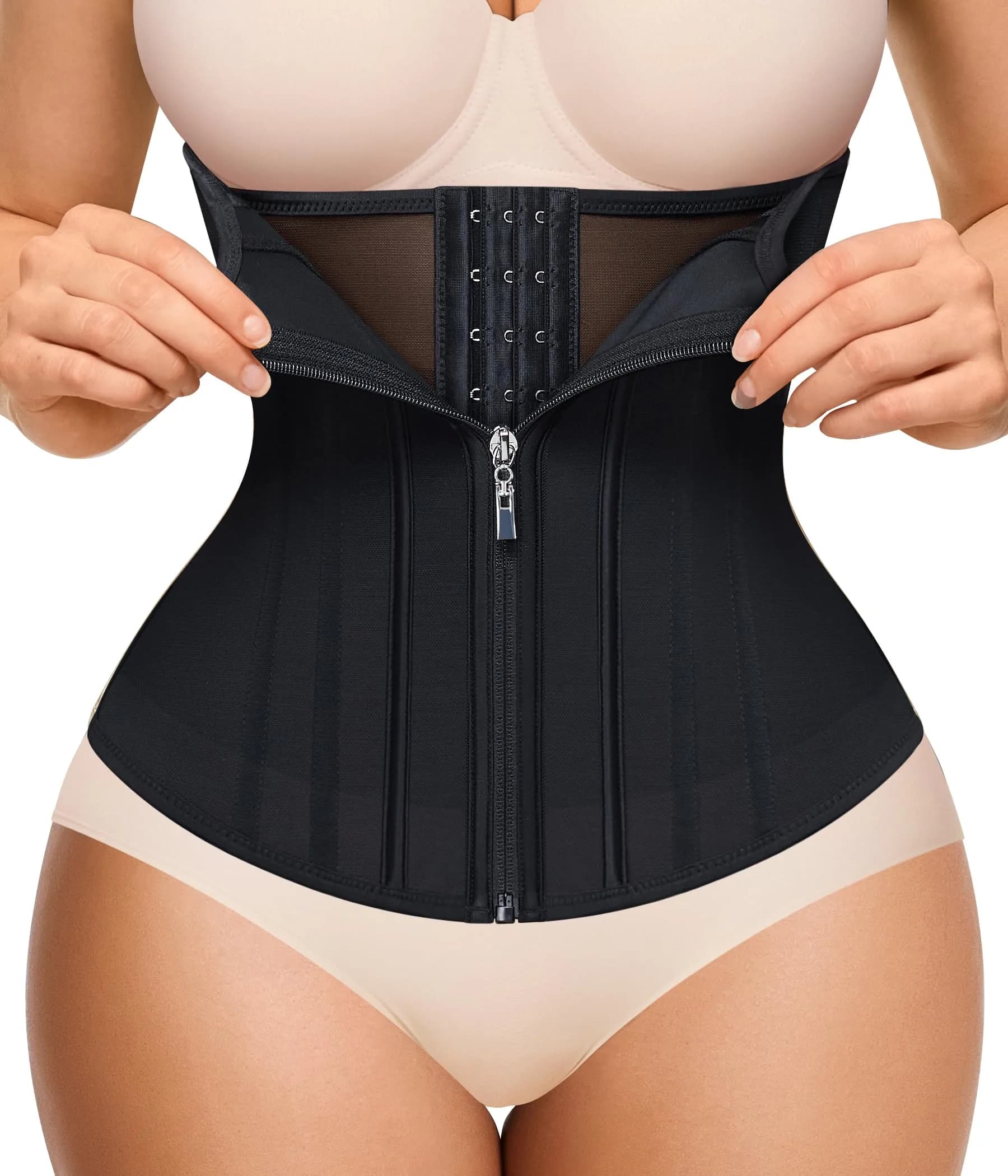 Nebility Women's Waist Trainer Zipper Corset Shapewear with 11 Steel Bones | Black, Large (US Size)