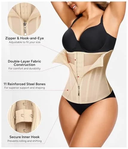Nebility Women's Waist Trainer Zipper Corset Shapewear Beige XL | Tummy Control & Back Support thumbnail 3
