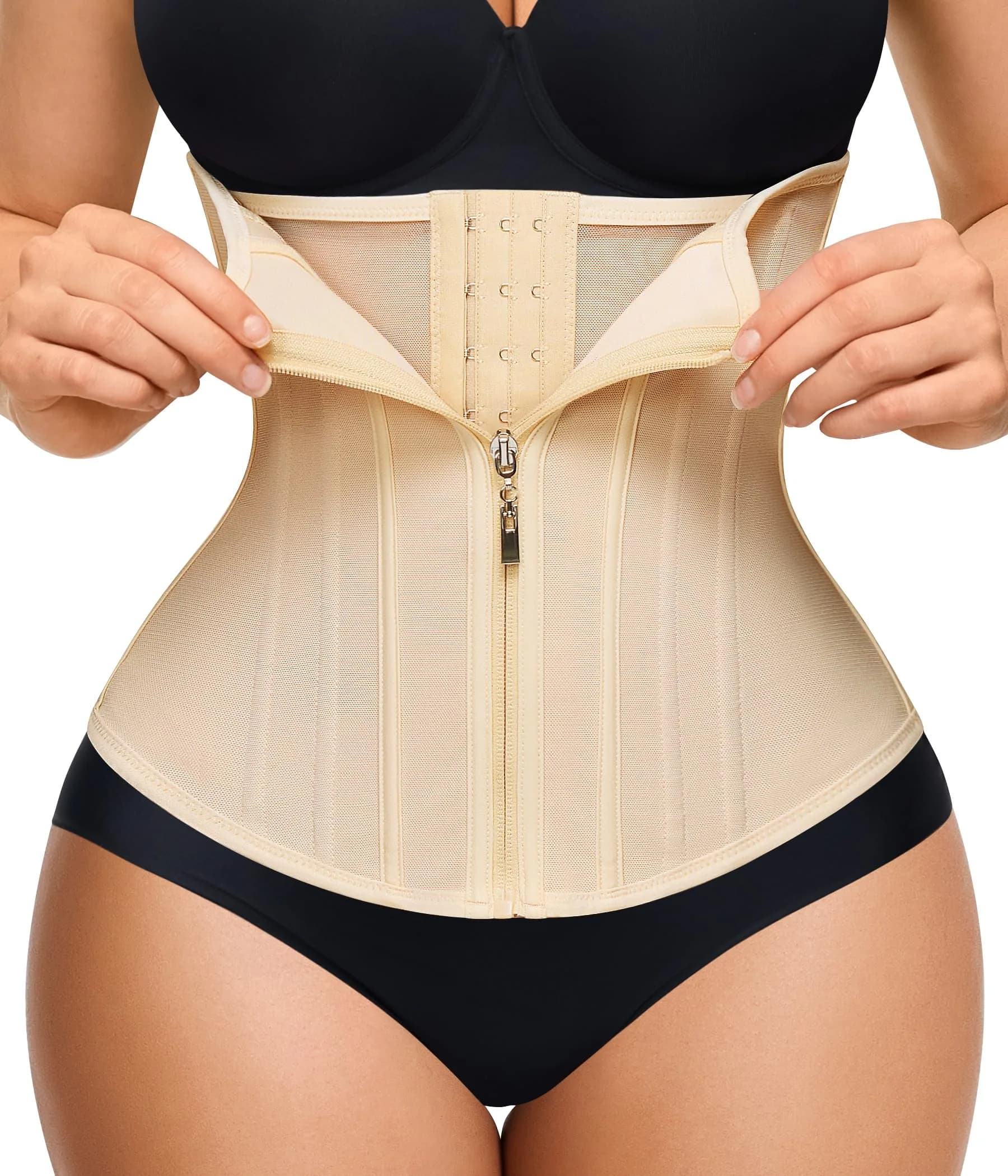 Nebility Zipper Corset Waist Trainer for Women with 11 Steel Bones, Medium Beige | Tummy Control Body Shaper for Hourglass Figure