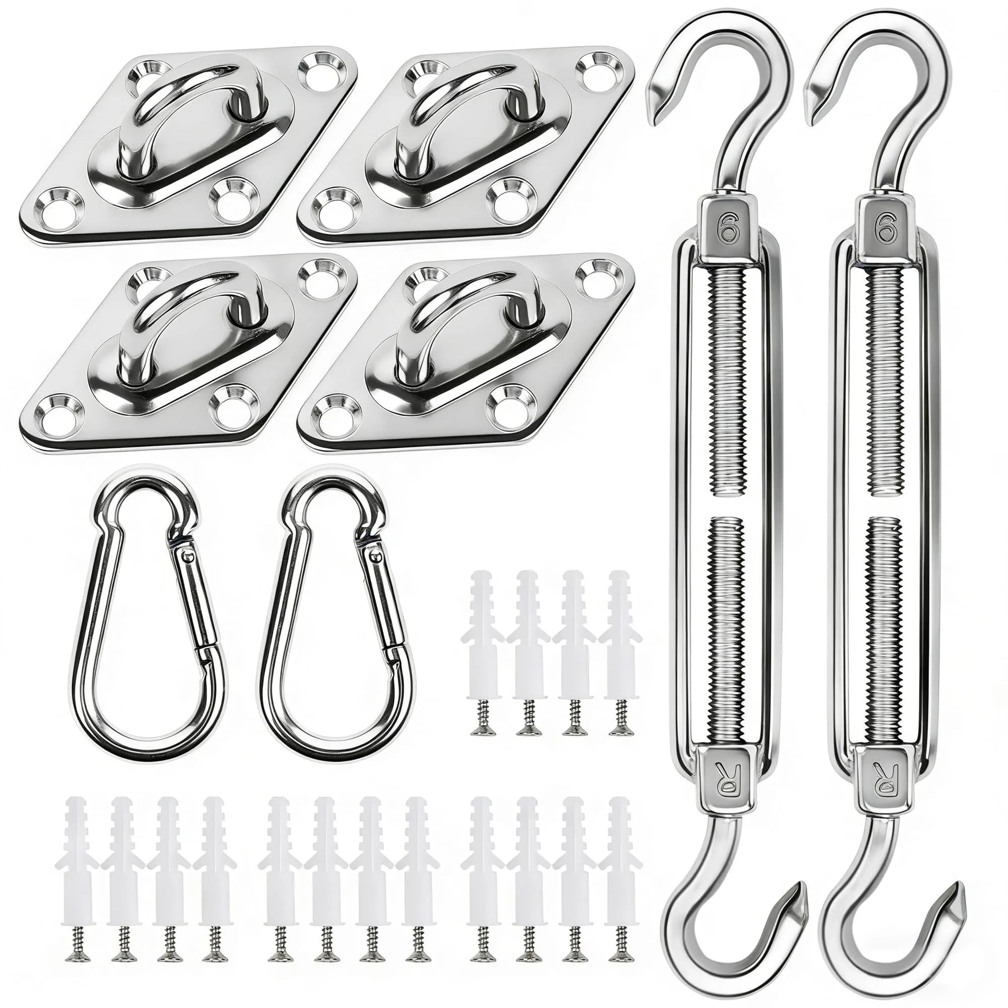 YOFIT 80-Piece Shade Sail Hardware Kit 6-8.4 inch Adjustable Turnbuckles (1.5 lb / 0.7 kg) | Heavy-Duty 304 Stainless Steel for Triangle & Rectangle Sails — 6 inch 40 pcs