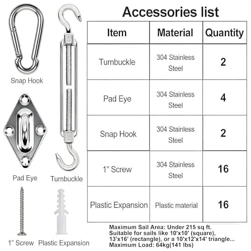 YOFIT 40 Pcs Shade Sail Hardware Kit 15.2 cm (6 Inch) | Heavy Duty 304 Stainless Steel for Patio & Garden thumbnail 4