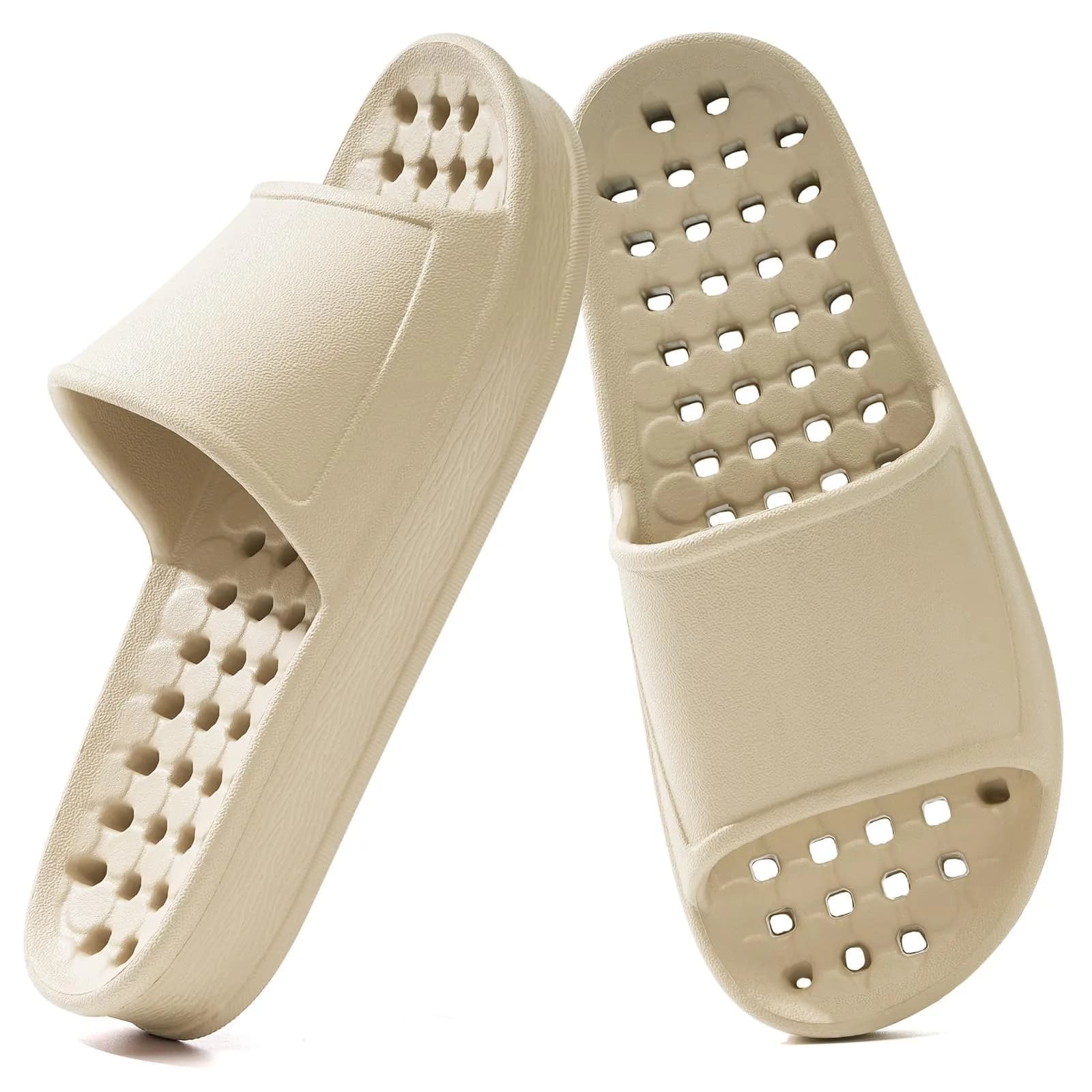 GETOEU Shower Shoes for Women and Men with Drain Holes | Soft Cushioned Anti-Slip Pool Slides (Khaki, US Sizes 6-7.5 Men & 7-7.5 Women) — Khaki
