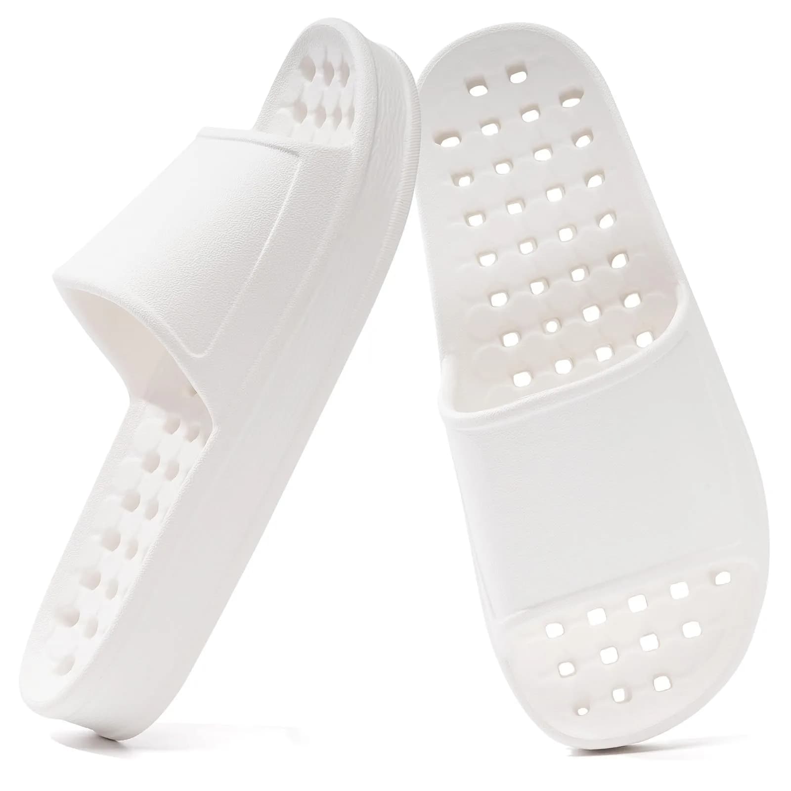 GETOEU Shower Shoes for Women and Men with Drain Holes | Soft Cushioned Anti-Slip Pool Slides (Khaki, US Sizes 6-7.5 Men & 7-7.5 Women) — White