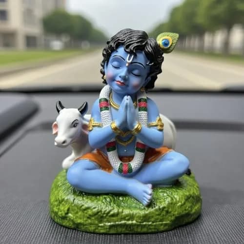 UNOVATE Krishna Idol for Car Dashboard | Krishna Murti for Home | Blue Matte Finish Resin Statue 8cm (3.15in) thumbnail 1