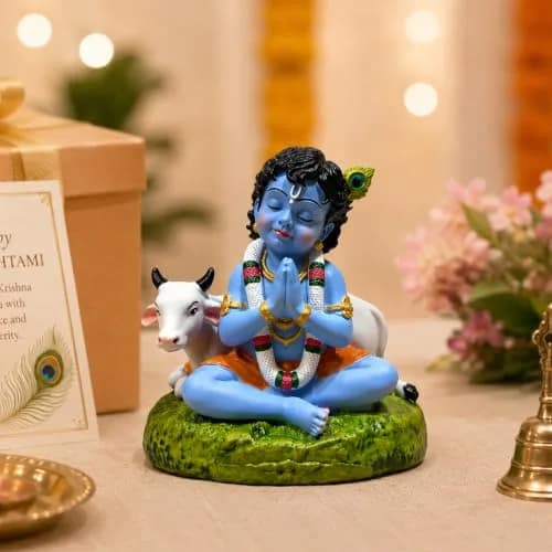 UNOVATE Krishna Idol for Car Dashboard | Krishna Murti for Home | Blue Matte Finish Resin Statue 8cm (3.15in) thumbnail 5