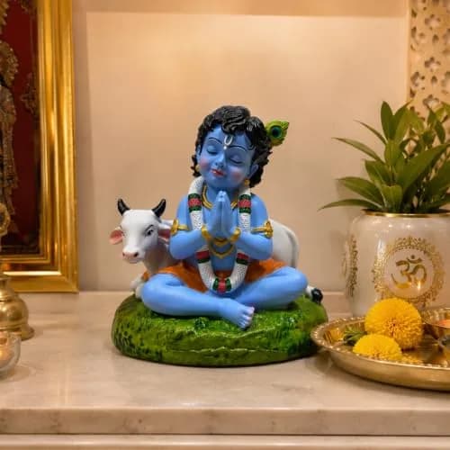 UNOVATE Krishna Idol for Car Dashboard | Krishna Murti for Home | Blue Matte Finish Resin Statue 8cm (3.15in) thumbnail 6