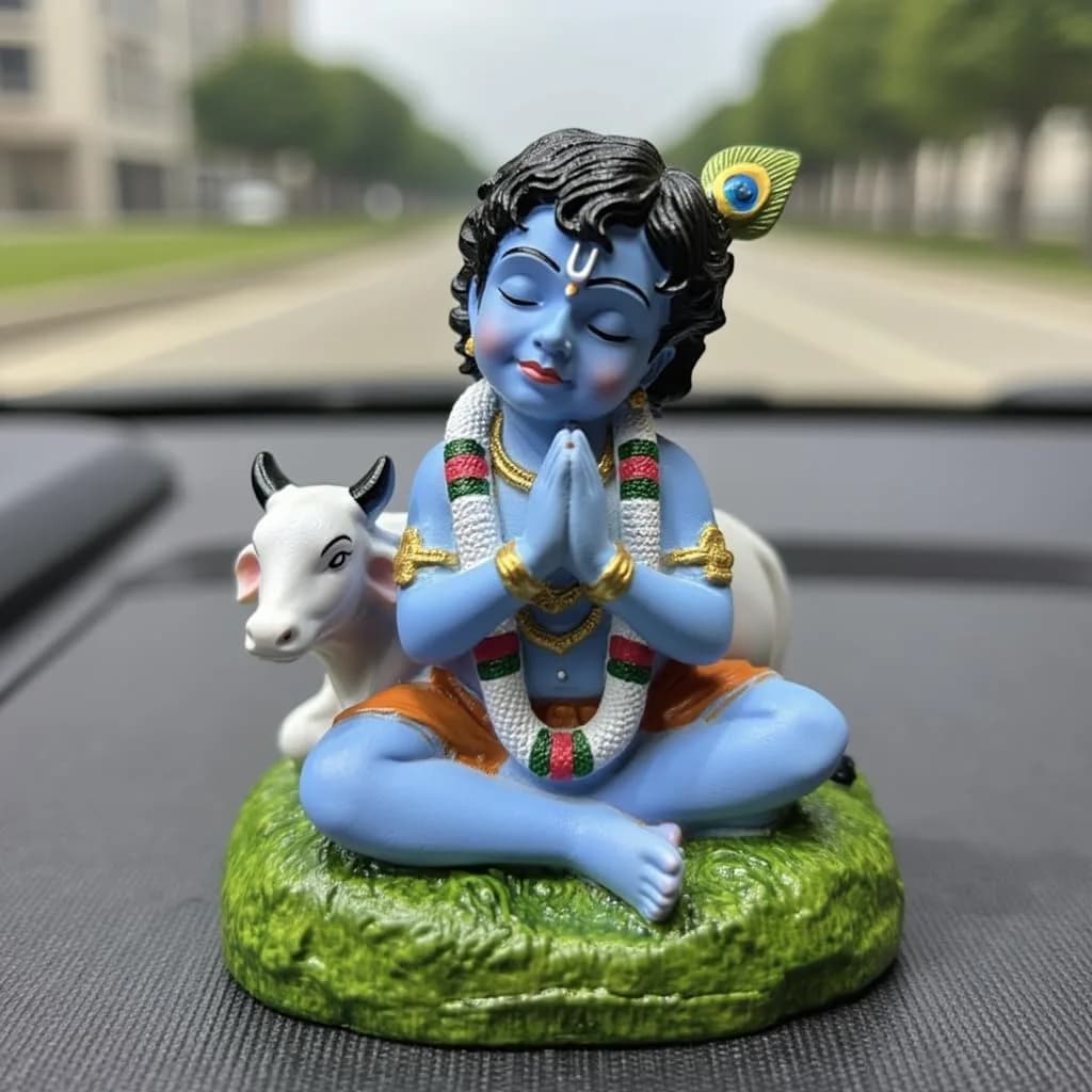 UNOVATE Krishna Idol for Car Dashboard | Krishna Murti for Home | Blue Matte Finish Resin Statue 8cm (3.15in)