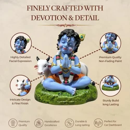UNOVATE Krishna Idol for Car Dashboard | Krishna Murti for Home | Blue Matte Finish Resin Statue 8cm (3.15in) thumbnail 3