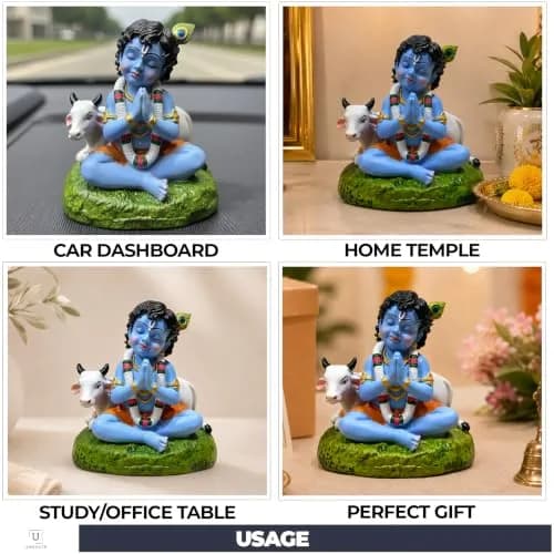 UNOVATE Krishna Idol for Car Dashboard | Krishna Murti for Home | Blue Matte Finish Resin Statue 8cm (3.15in) thumbnail 4